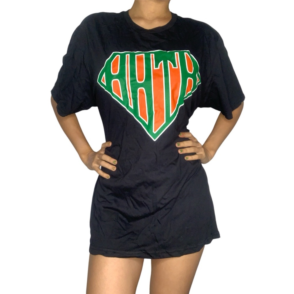 University of Miami UM black, orange, white, and green graphic t-shirt dress